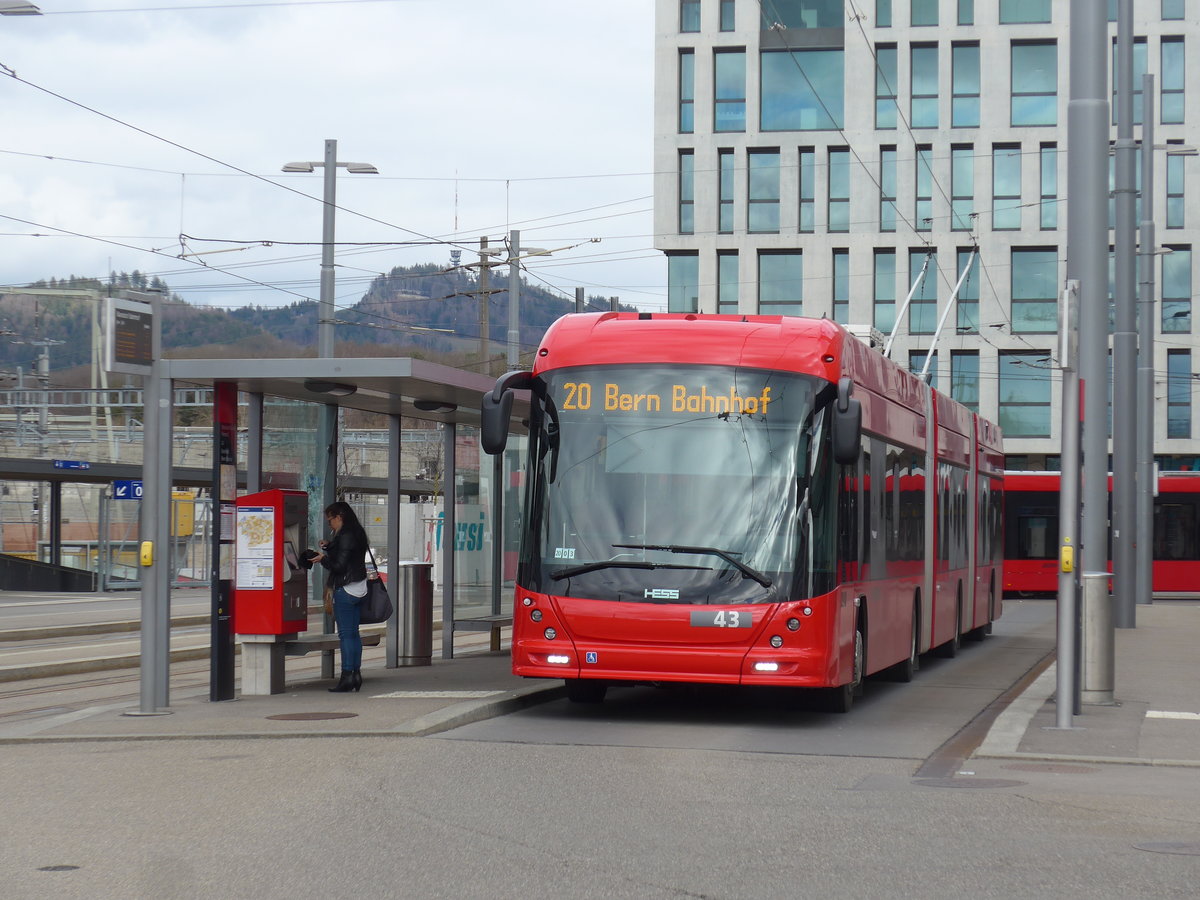 (202'509) - Bernmobil, Bern - Nr. 43 - Hess/Hess Doppelgelenktrolleybus am 18. Mrz 2019 in Bern, Wankdorf