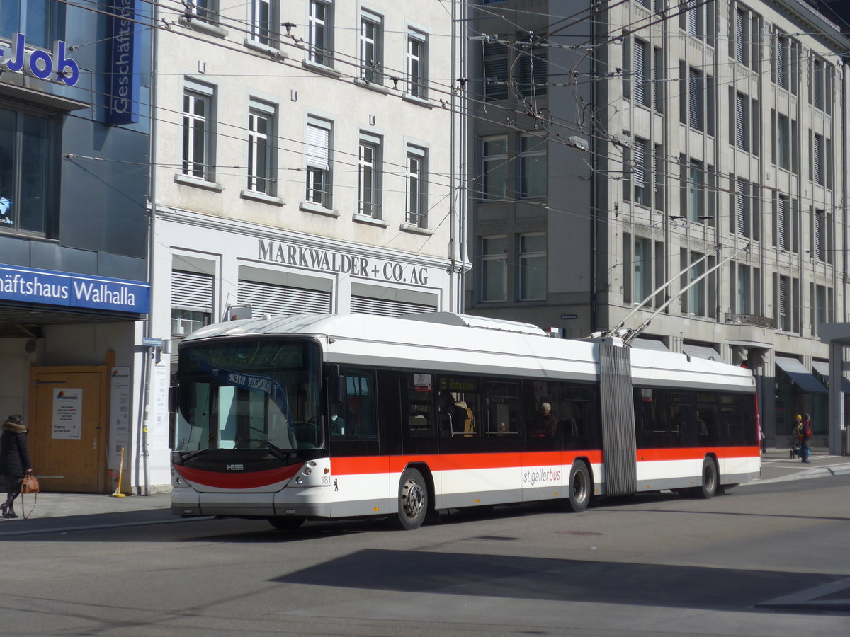 (202'745) - St. Gallerbus, St. Gallen - Nr. 181 - Hess/Hess Gelenktrolleybus am 21. Mrz 2019 beim Bahnhof St. Gallen