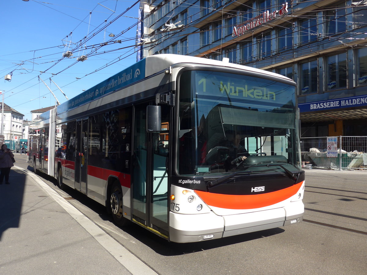 (202'761) - St. Gallerbus, St. Gallen - Nr. 175 - Hess/Hess Gelenktrolleybus am 21. Mrz 2019 beim Bahnhof St. Gallen