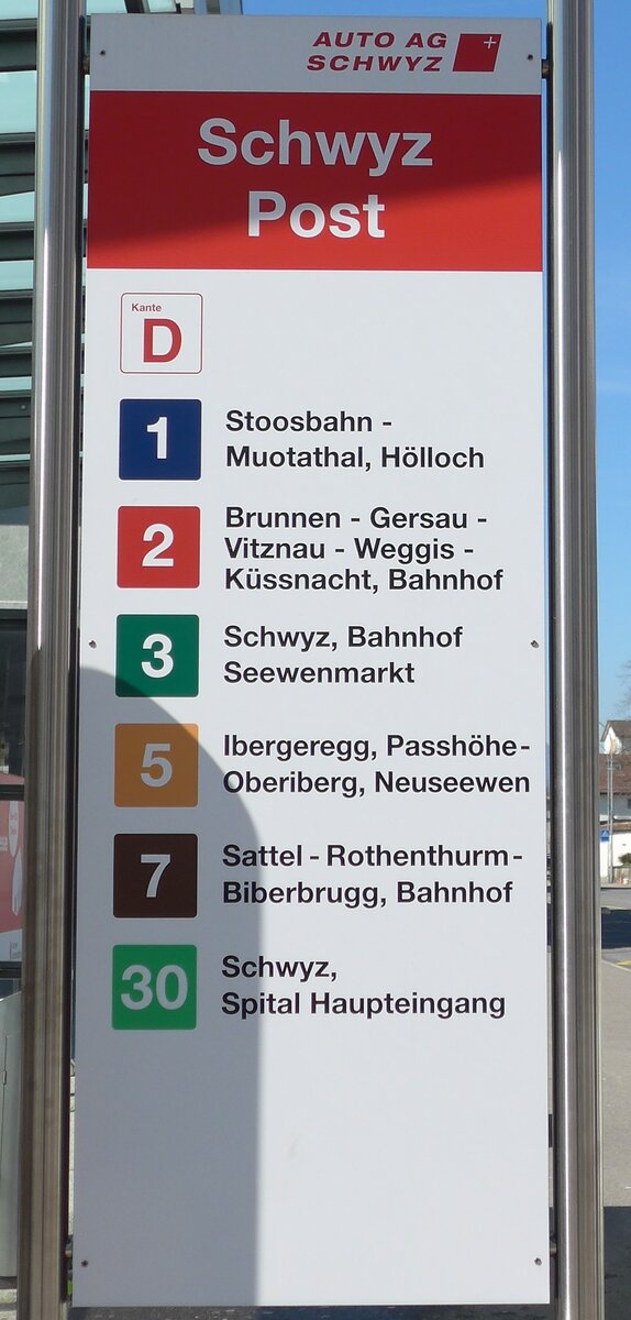 (202'832) - AUTO AG SCHWYZ-Haltestellenschild - Schwyz, Post - am 22. Mrz 2019