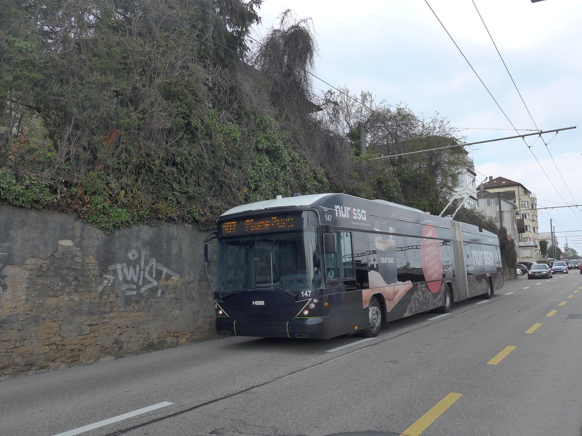 (203'622) - transN, La Chaux-de-Fonds - Nr. 147 - Hess/Hess Gelenktrolleybus (ex TN Neuchtel Nr. 147) am 13. April 2019 beim Bahnhof Neuchtel