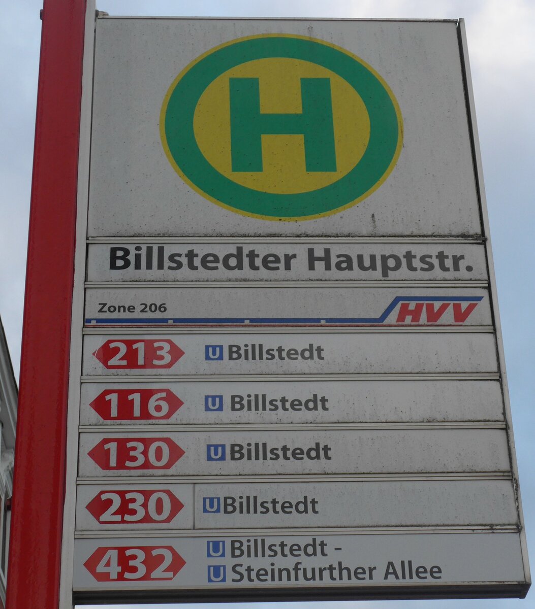 (204'845) - HVV-Haltestellenschild - Hamburg, Billstedter Hauptstr. - am 11. Mai 2019