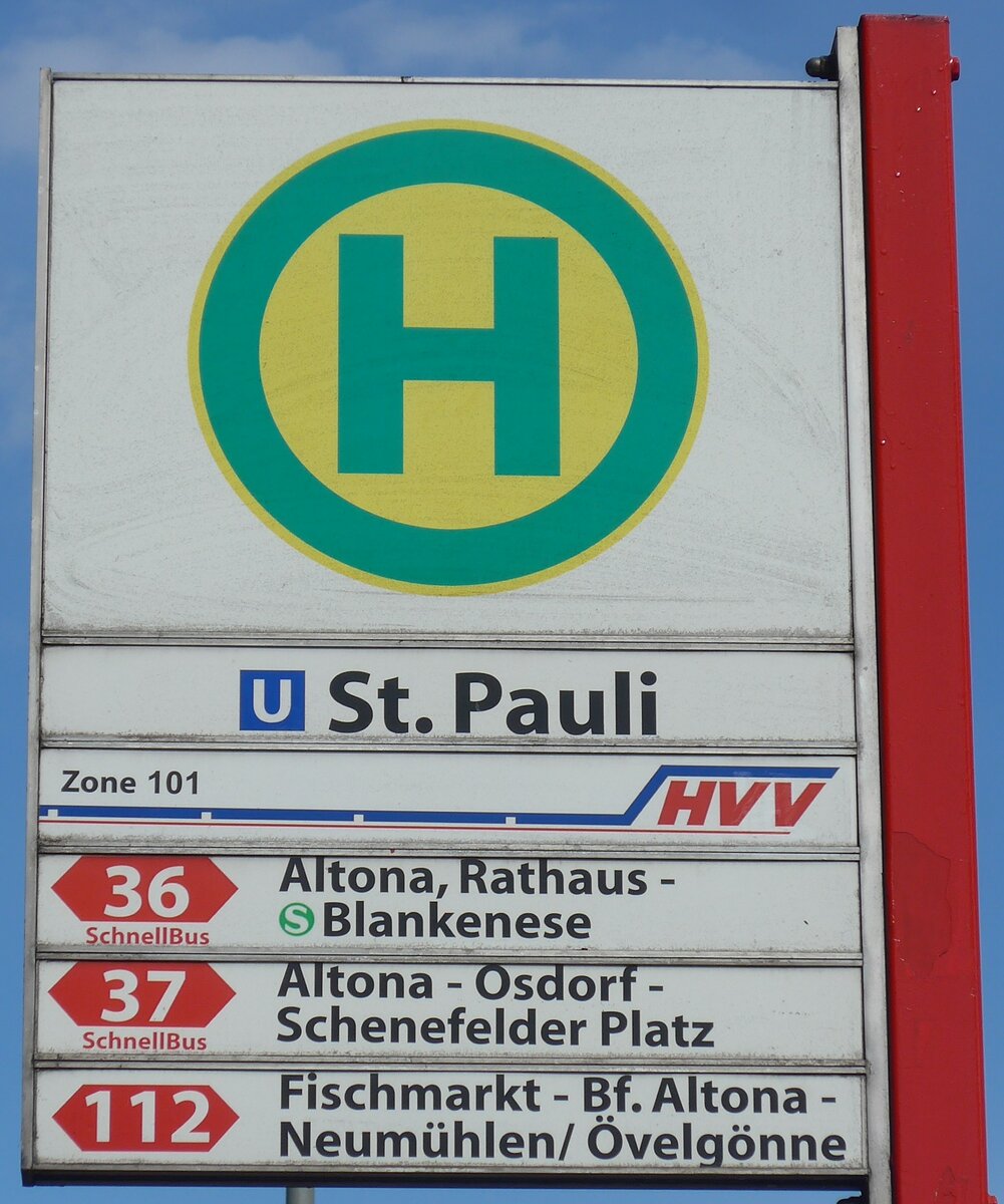 (204'964) - HVV-Haltestellenschild - Hamburg, St. Pauli - am 11. Mai 2019