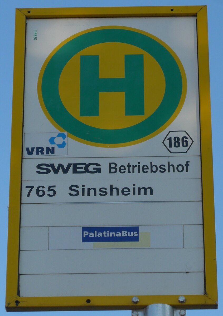 (204'996) - VRN/PalatinaBus-Haltestellenschild - Sinsheim, SWEG Betriebshof - am 13. Mai 2019