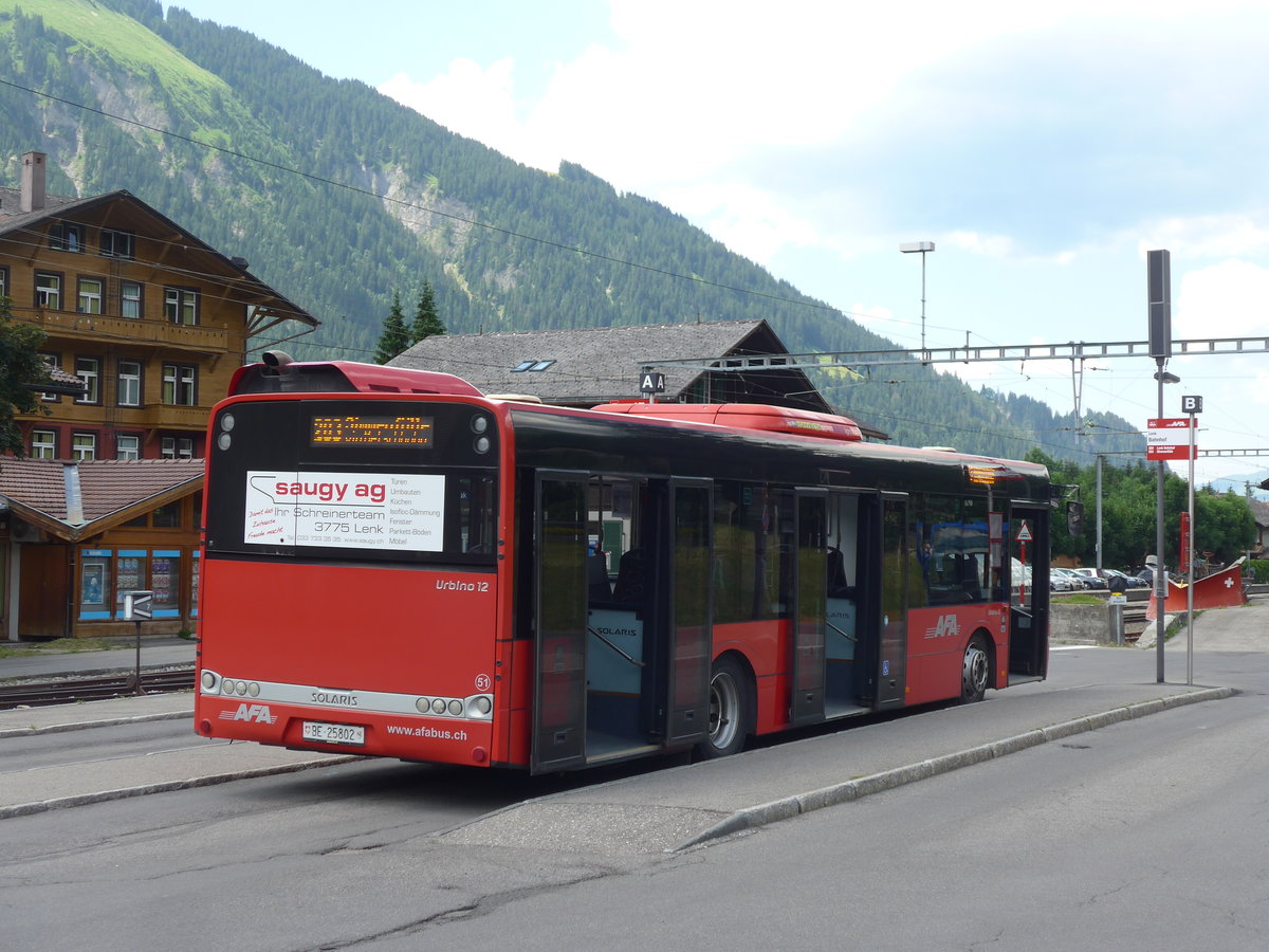 (206'935) - AFA Adelboden - Nr. 51/BE 25'802 - Solaris am 1. Juli 2019 beim Bahnhof Lenk