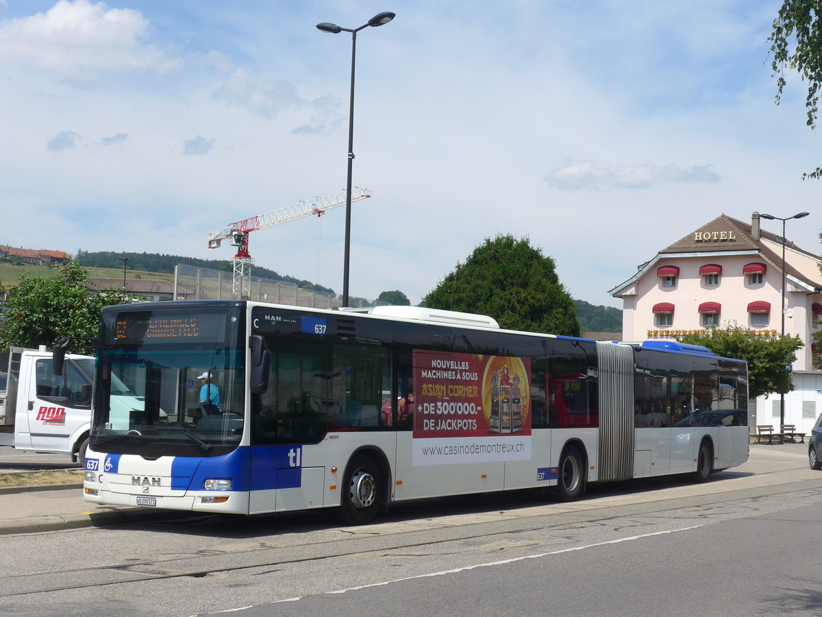 (208'112) - TL Lausanne - Nr. 637/VD 290'571 - MAN am 22. Juli 2019 beim Bahnhof Moudon