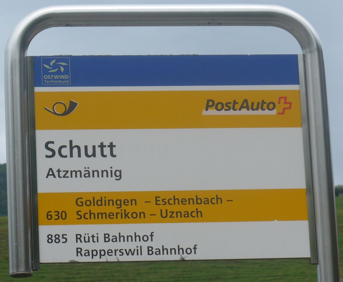 (208'781) - PostAuto-Haltestellenschild - Atzmnnig, Schutt - am 17. August 2019