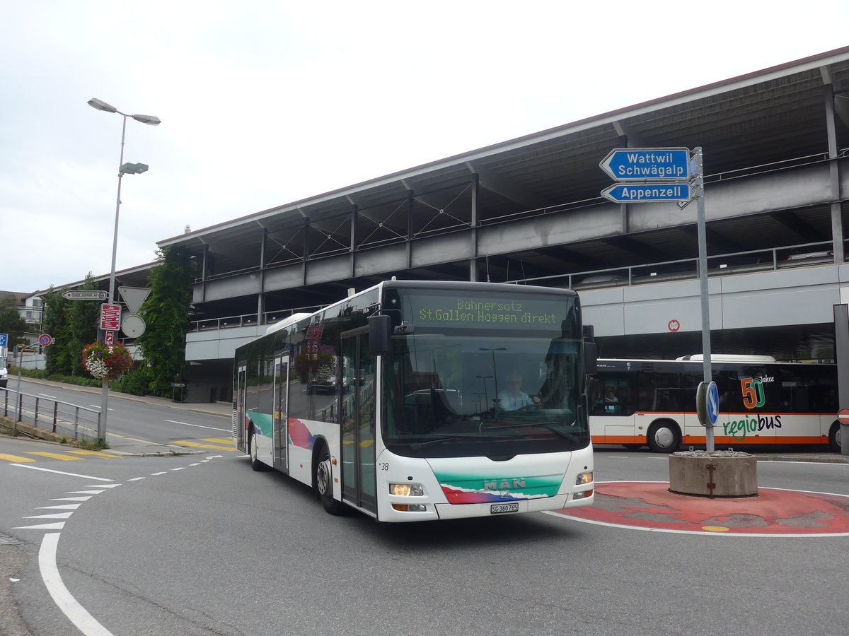 (208'905) - Regiobus, Gossau - Nr. 38/SG 360'765 - MAN (ex ASm Langenthal Nr. 38) am 17. August 2019 beim Bahnhof Herisau