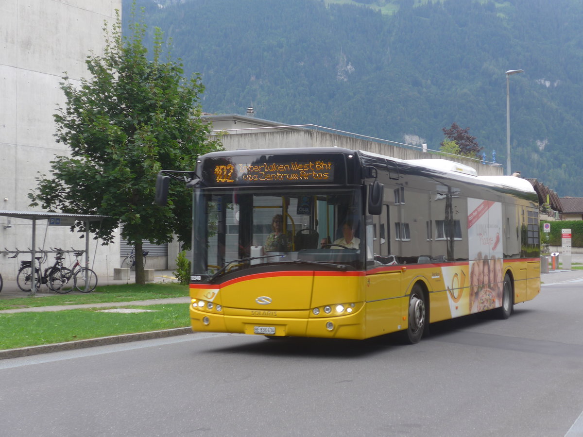 (209'215) - PostAuto Bern - BE 836'434 - Solaris (ex Nr. 581) am 1. September 2019 beim Bahnhof Interlaken Ost