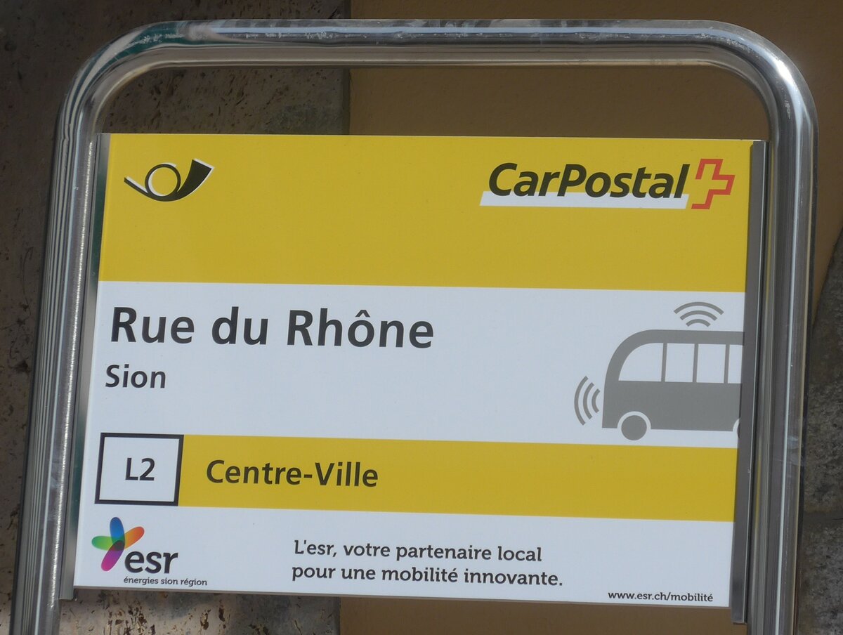 (209'507) - PostAuto-Haltestellenschild - Sion, Rue du Rhne - am 9. September 2019