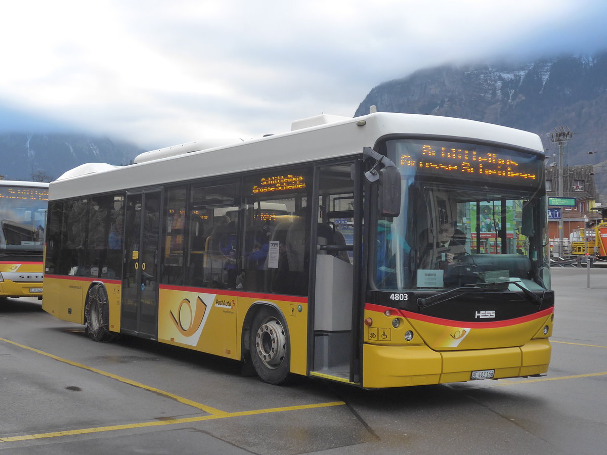 (213'396) - PostAuto Bern - BE 403'166 - Scania/Hess (ex AVG Meiringen Nr. 66; ex Steiner, Messen) am 5. Januar 2020 in Meiringen, Postautostation