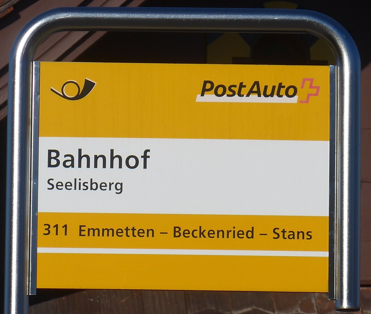 (213'788) - PostAuto-Haltestellenschild - Seelisberg, Bahnhof - am 12. Januar 2020