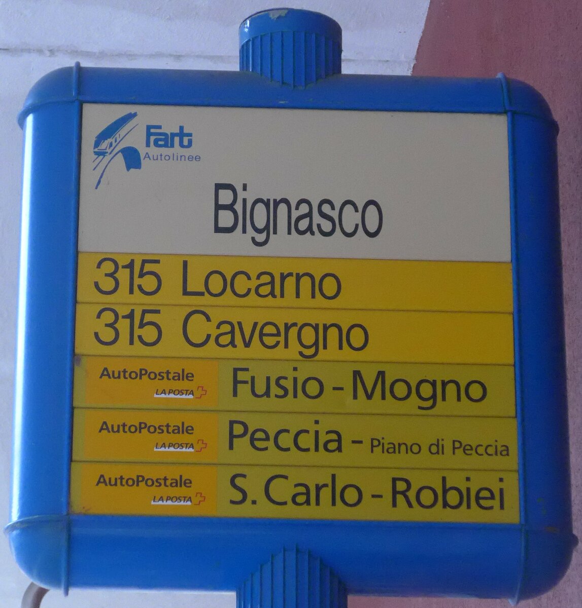 (213'887) - Fart/PostAuto-Haltestellenschild - Bignasco, Bignasco - am 18. Januar 2020