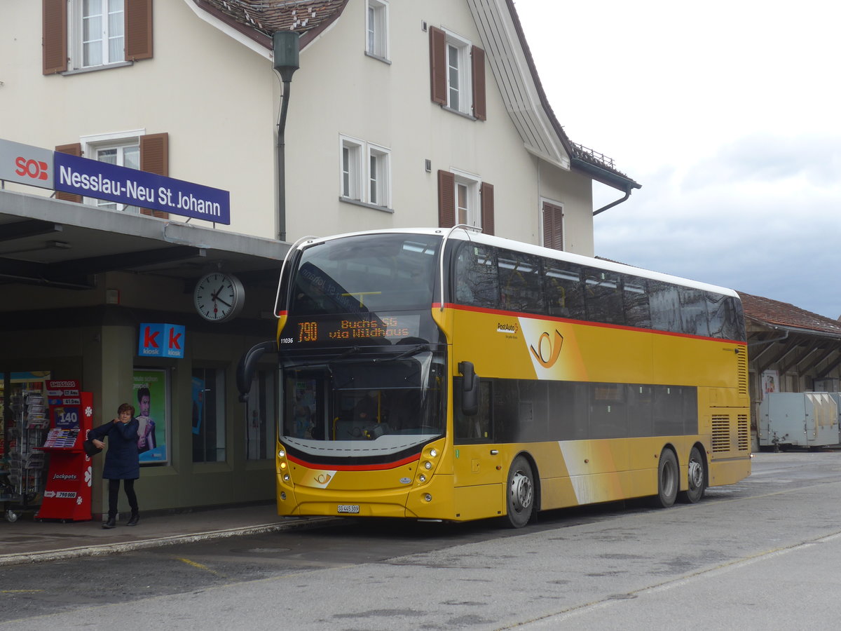 (214'047) - PostAuto Ostschweiz - SG 445'309 - Alexander Dennis am 1. Februar 2020 beim Bahnhof Nesslau-Neu St. Johann