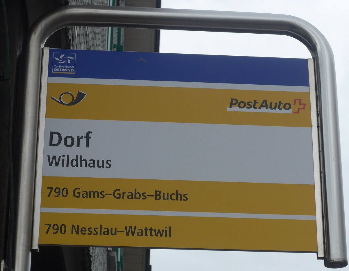 (214'057) - PostAuto-Haltestellenschild - Wildhaus, Dorf - am 1. Februar 2020