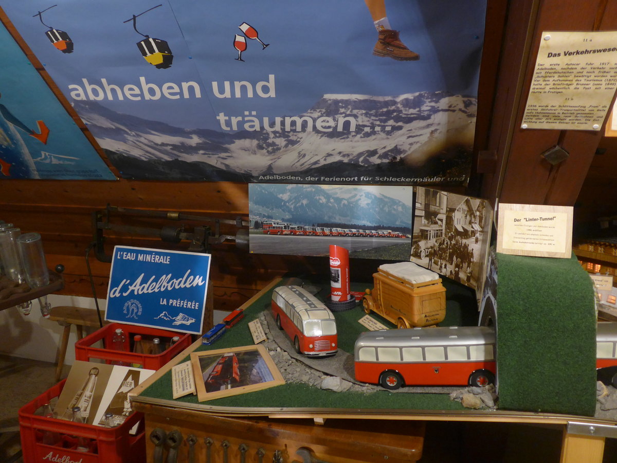 (214'534) - AFA Adelboden - Nr. 3/BE 26'703 - FBW/Gangloff + Nr. 4 - Saurer/K+W + Nr. 15/BE 29'729 - R&J Personenanhnger am 19. Februar 2020 in Adelboden, Heimatmuseum (Modelle)