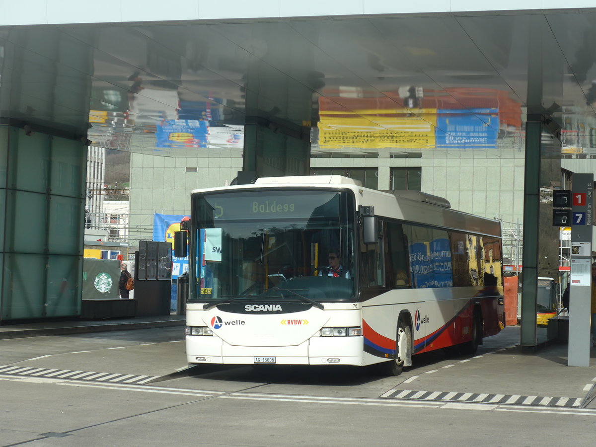 (214'620) - RVBW Wettingen - Nr. 76/AG 15'008 - Scania/Hess am 20. Februar 2020 beim Bahnhof Baden