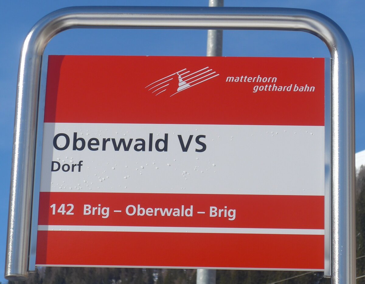 (214'767) - matterhorn gotthard bahn-Haltestellenschild - Oberwald VS, Dorf - am 22. Februar 2020