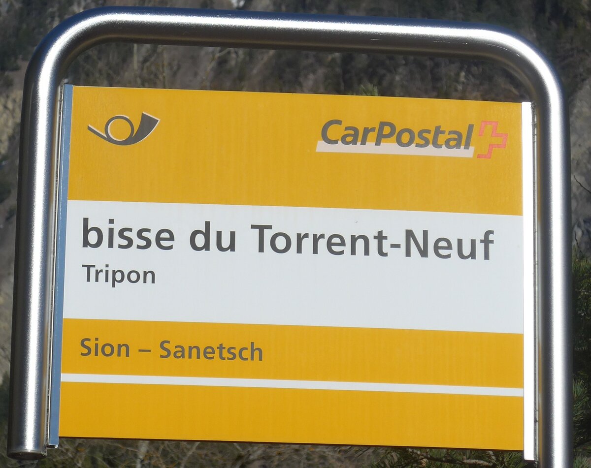 (214'800) - PostAuto-Haltestellenschild - Tripon, bisse du Torrent-Neuf - am 22. Februar 2020