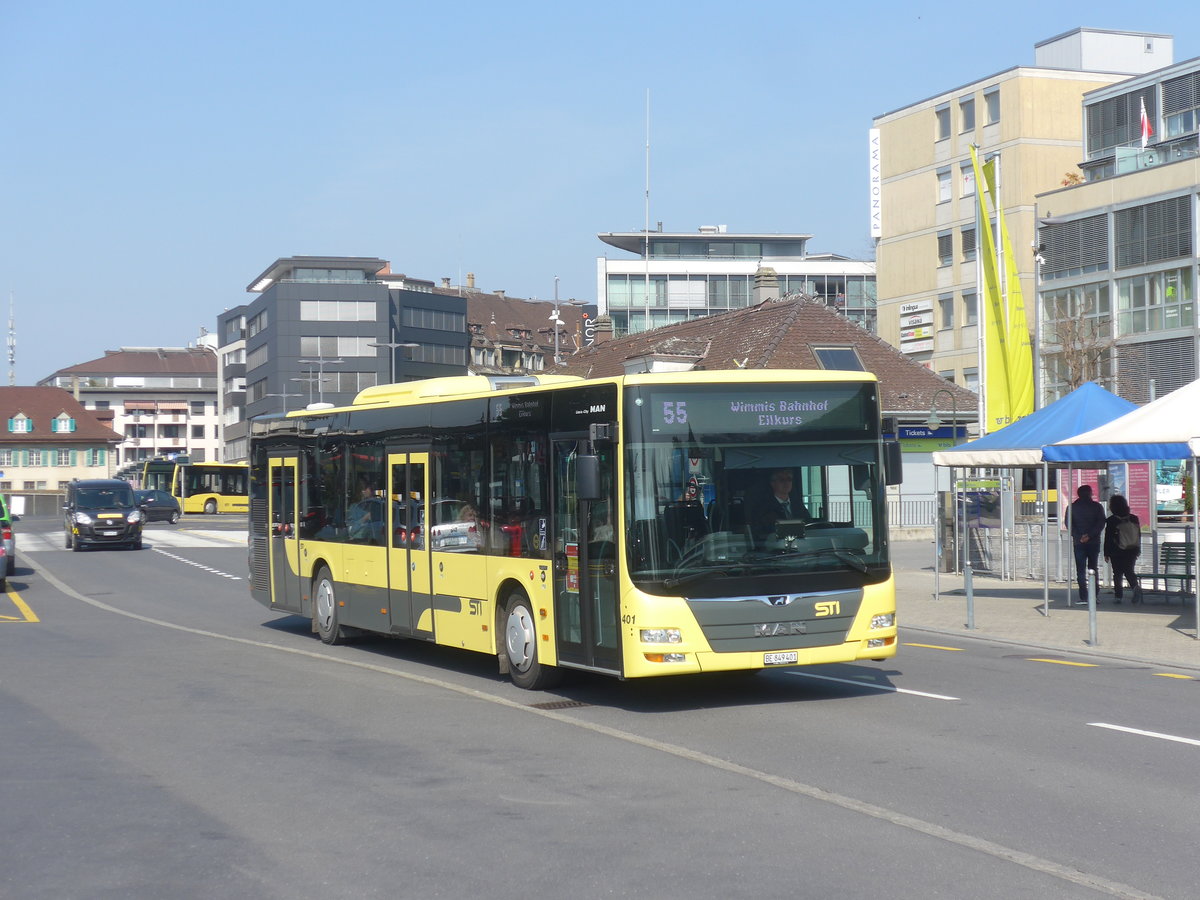 (215'642) - STI Thun - Nr. 401/BE 849'401 - MAN am 28. Mrz 2020 beim Bahnhof Thun