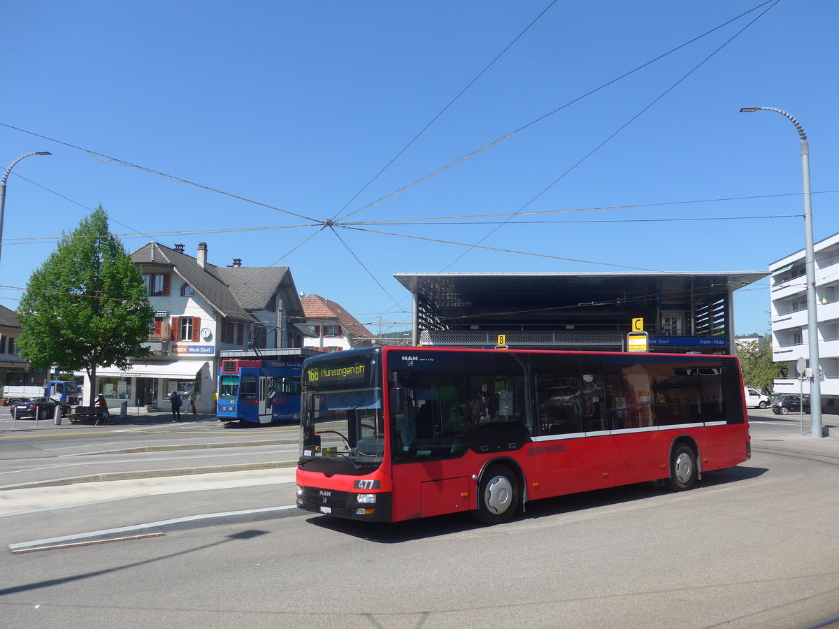 (216'352) - Bernmobil, Bern - Nr. 477/BE 716'477 - MAN/Gppel (ex Peyer, Niederwangen Nr. 377) am 22. April 2020 beim Bahnhof Worb Dorf