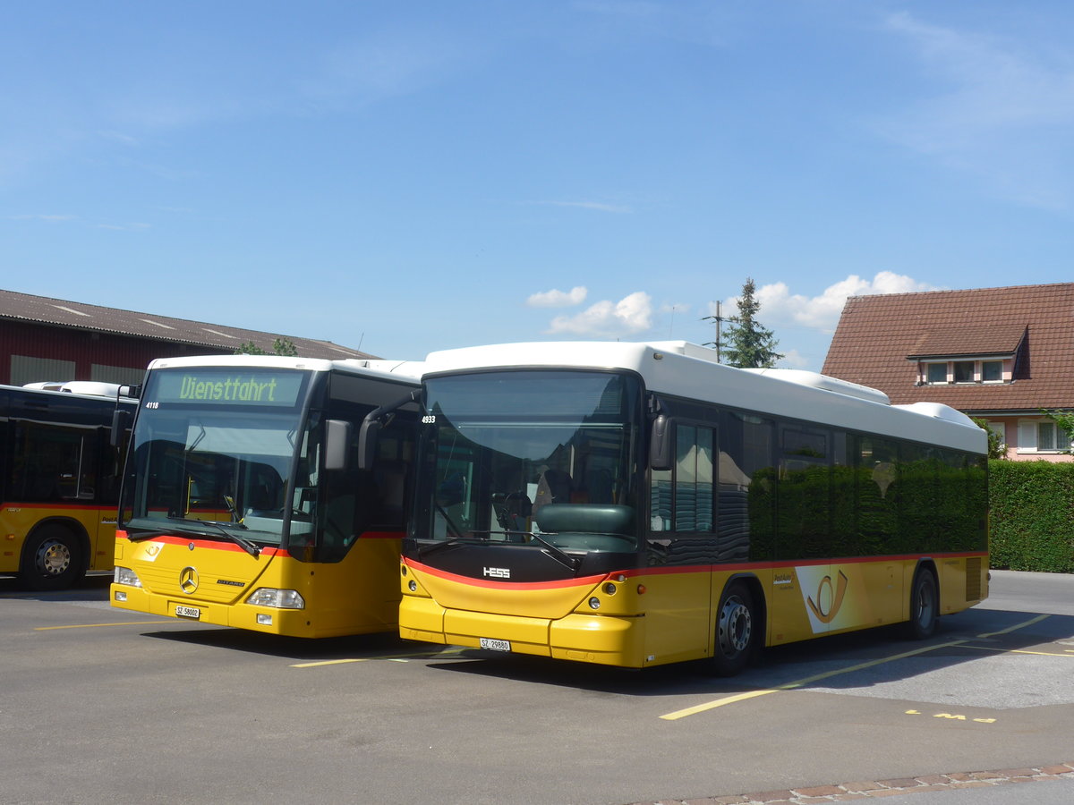 (216'879) - PostAuto Ostschweiz - SZ 29'880 - Scania/Hess (ex Kistler, Reichenburg; ex PostAuto Ostschweiz SG 273'333) am 9. Mai 2020 in Reichenburg, Garage