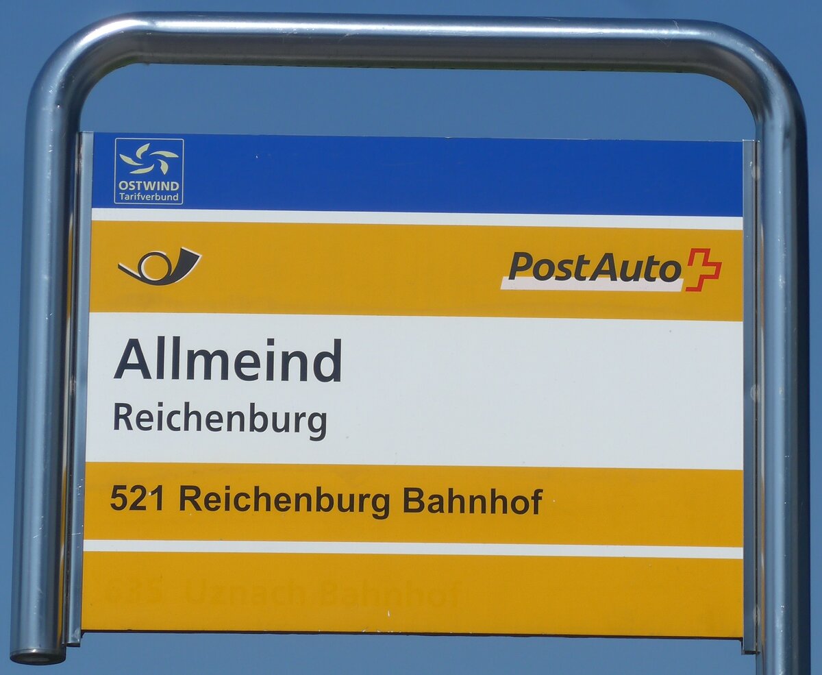 (216'881) - PostAuto-Haltestellenschild - Reichenburg, Allmeind - am 9. Mai 2020