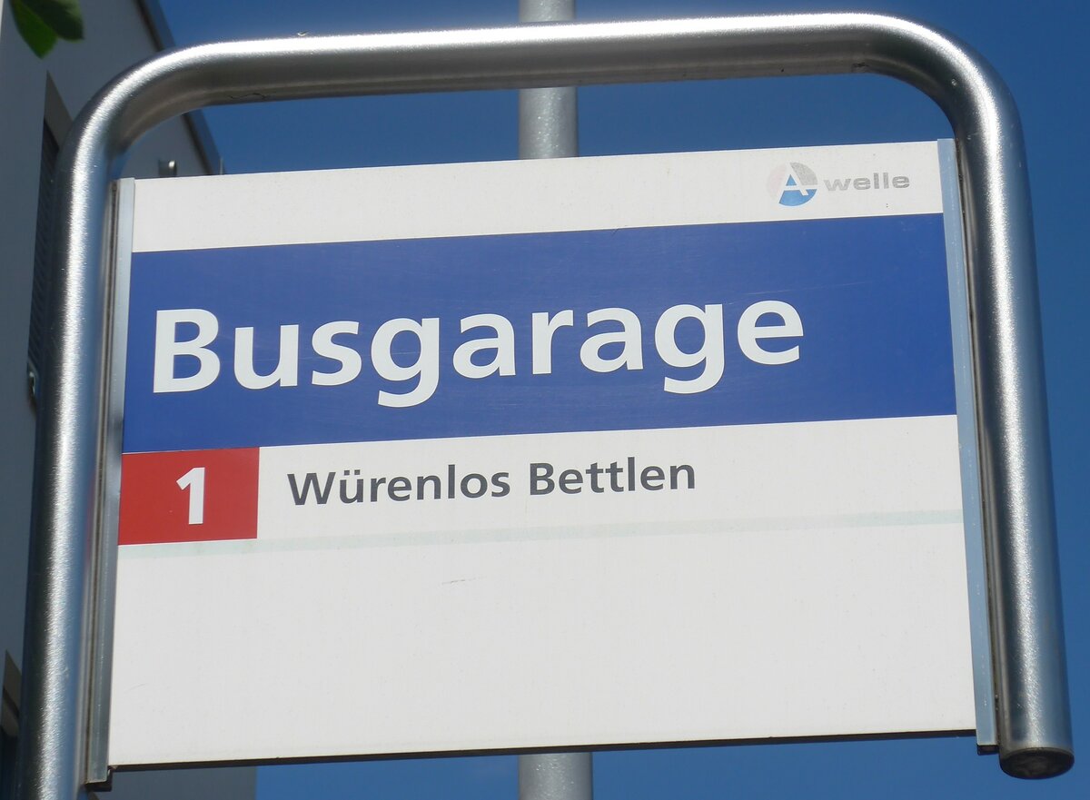 (217'377) - A-welle-Haltestellenschild - Wettingen, Busgarage - am 30. Mai 2020