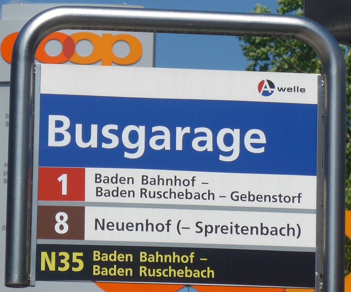 (217'382) - A-welle-Haltestellenschild - Wettingen, Busgarage - am 30. Mai 2020