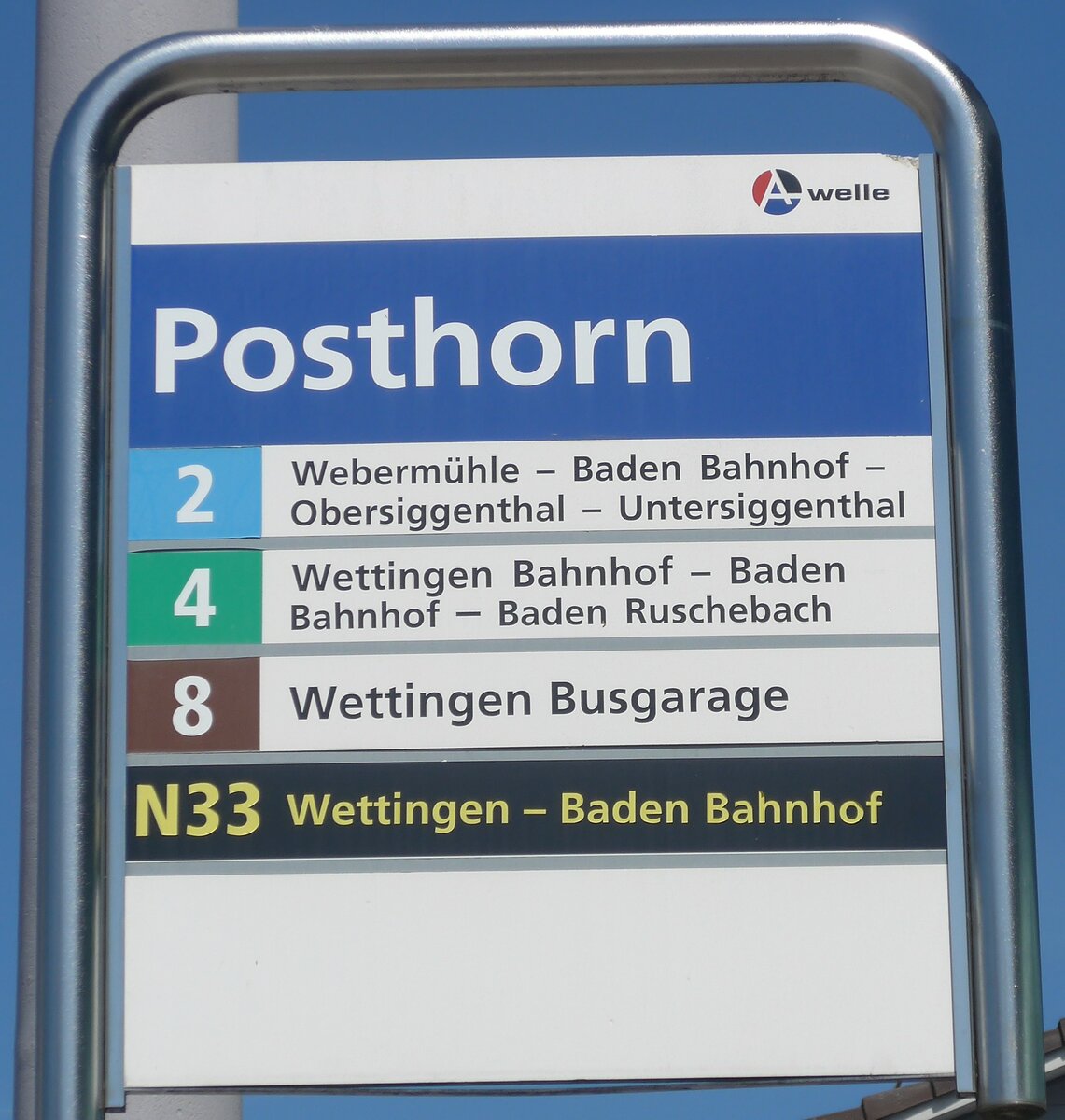 (217'394) - A-welle-Haltestellenschild - Neueunhof, Posthorn - am 30. Mai 2020