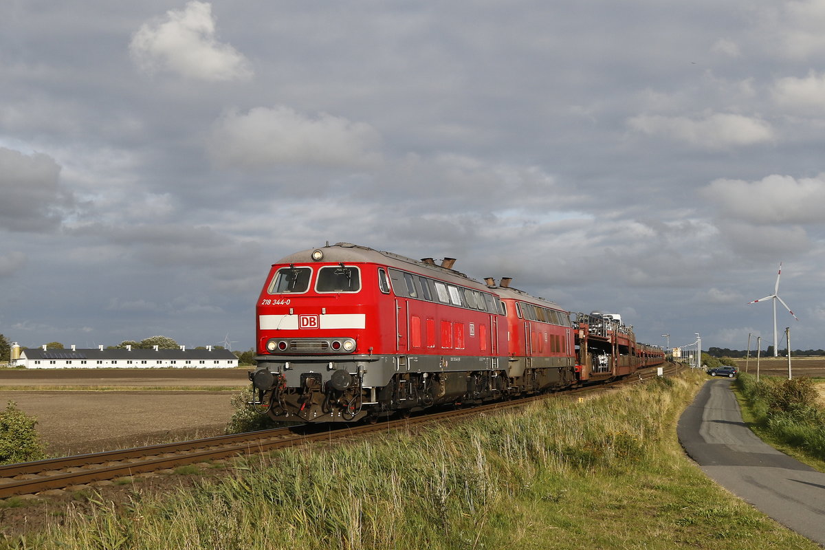 218 344 und 218 xxx mit einem Sylt-Shuttle am 12. August 2017 bei Lehnshallig.