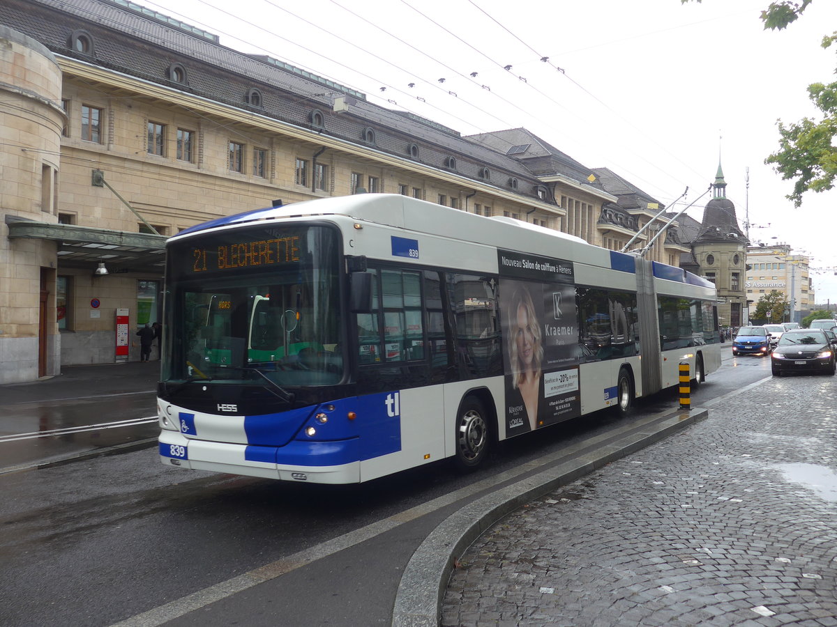 (220'273) - TL Lausanne - Nr. 839 - Hess/Hess Gelenktrolleybus am 30. August 2020 beim Bahnhof Lausanne