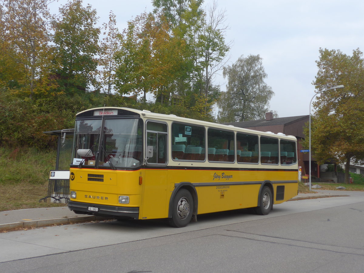 (221'955) - Biegger, Uster - Nr. 9/GL 1802 - Saurer/R&J (ex P 24'366) am 18. Oktober 2020 beim Bahnhof Bretswil
