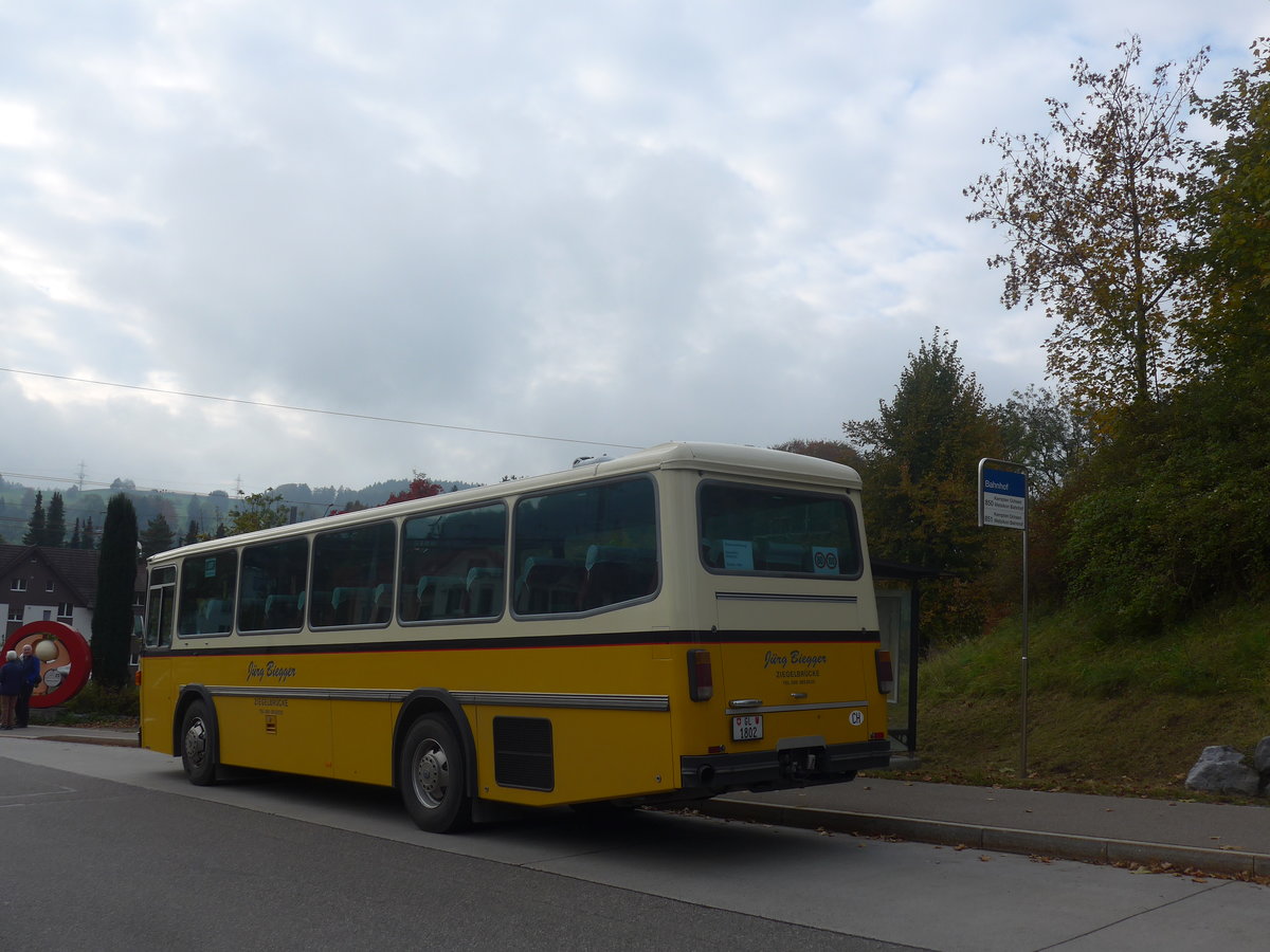 (221'957) - Biegger, Uster - Nr. 9/GL 1802 - Saurer/R&J (ex P 24'366) am 18. Oktober 2020 beim Bahnhof Bretswil