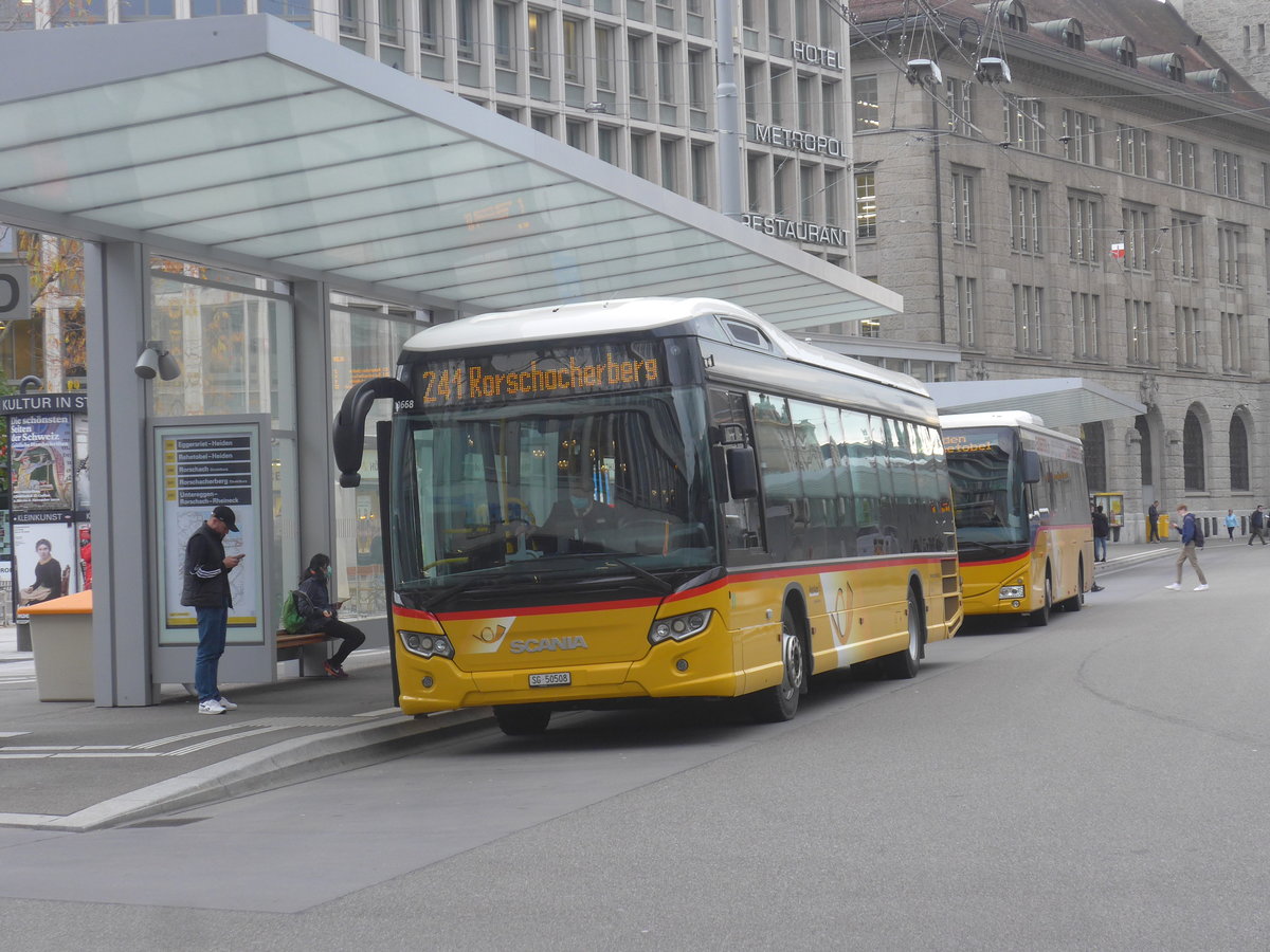 (222'340) - Schwizer, Goldach - SG 50'508 - Scania am 21. Oktober 2020 beim Bahnhof St. Gallen