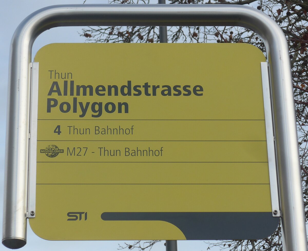 (223'018) - STI-Haltestellenschild - Thun, Allmendstrasse Polygon - am 14. Dezember 2020