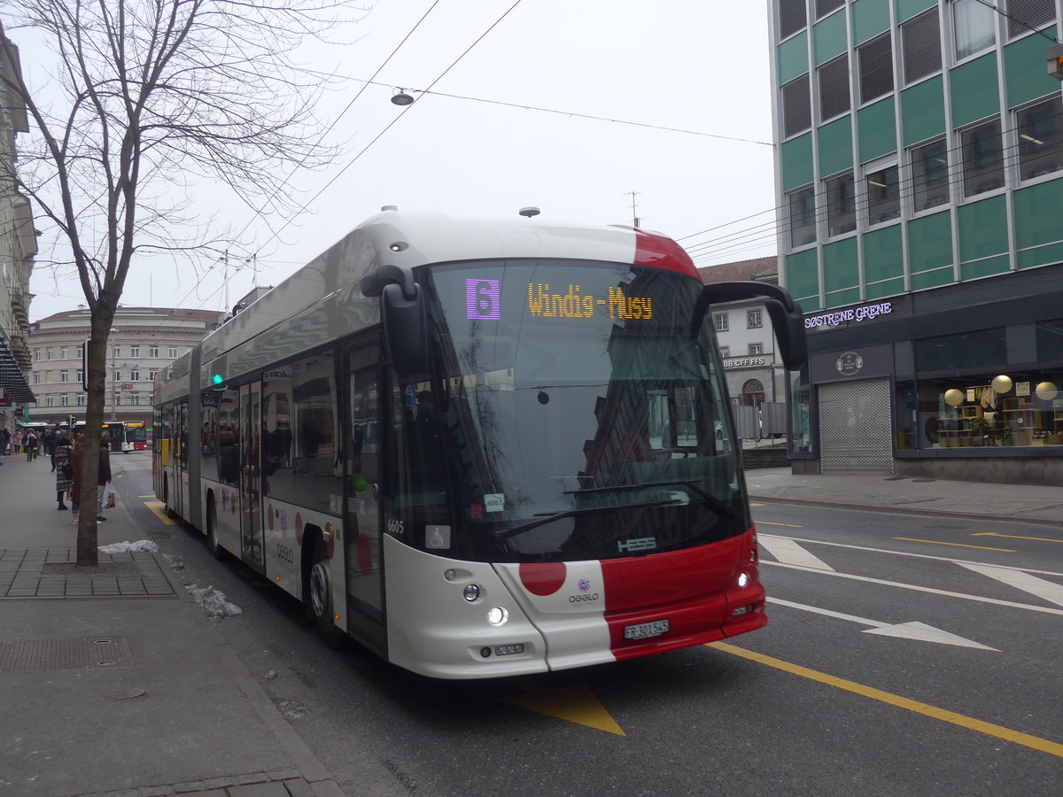(223'489) - TPF Fribourg - Nr. 6605/FR 301'545 - Hess/Hess Gelenktrolleybus am 12. Februar 2021 beim Bahnhof Fribourg