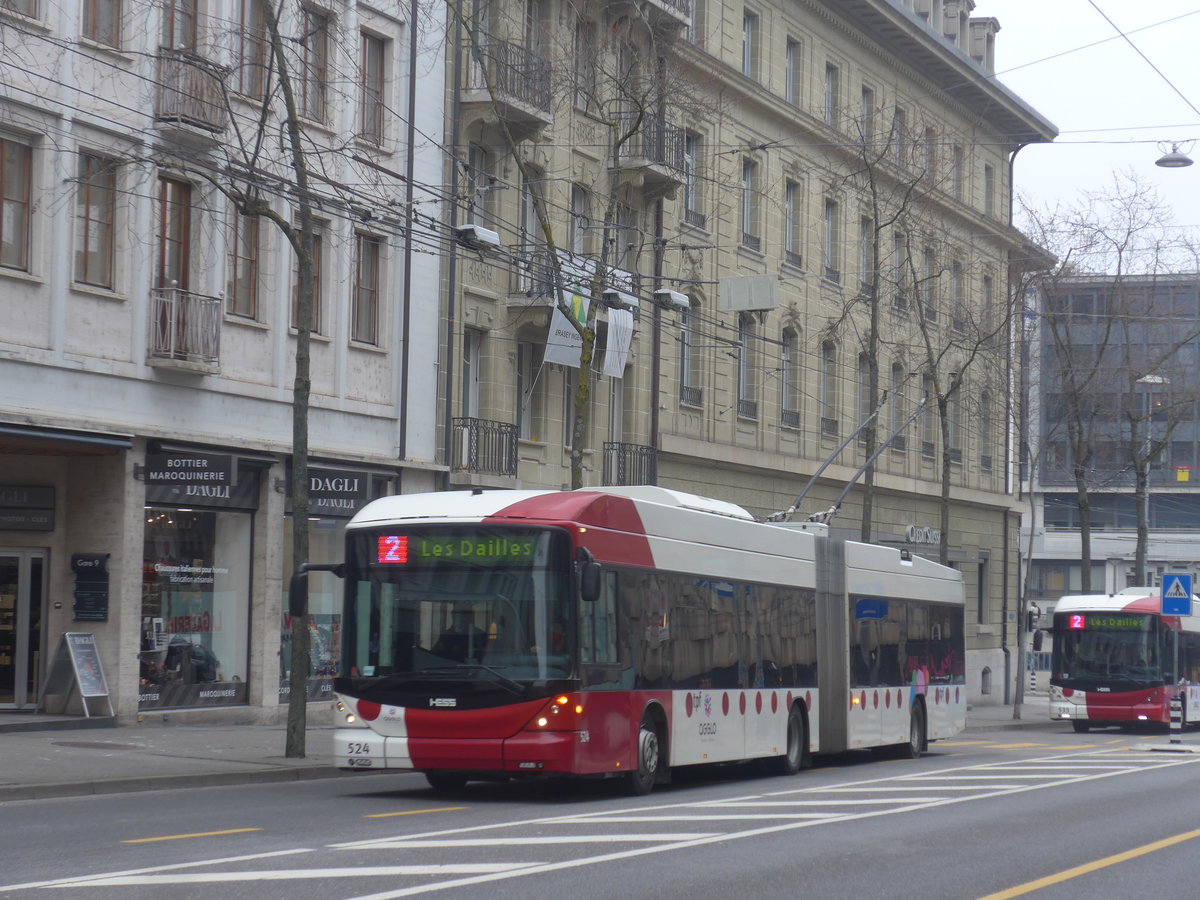 (223'521) - TPF Fribourg - Nr. 524 - Hess/Hess Gelenktrolleybus am 12. Februar 2021 beim Bahnhof Fribourg