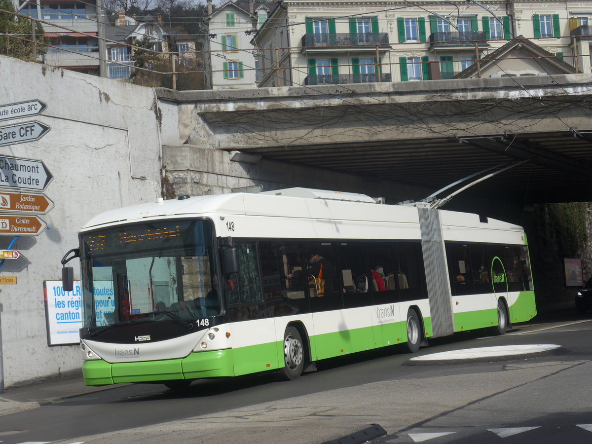 (224'247) - transN, La Chaux-de-Fonds - Nr. 148 - Hess/Hess Gelenktrolleybus (ex TN Neuchtel Nr. 148) am 20. Mrz 2021 beim Bahnhof Neuchtel