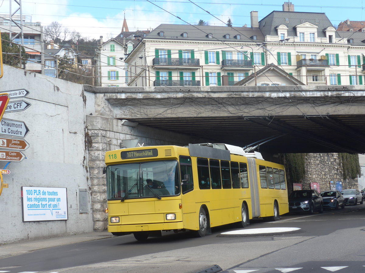 (224'251) - transN, La Chaux-de-Fonds - Nr. 118 - NAW/Hess (ex TN Neuchtel Nr. 118) am 20. Mrz 2021 beim Bahnhof Neuchtel