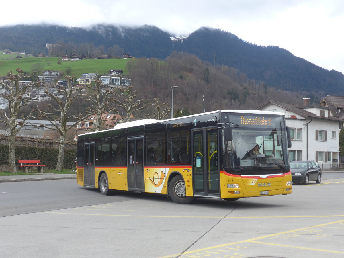 (224'371) - PostAuto Zentralschweiz - Nr. 9/OW 10'001 - MAN (ex Dillier, Sarnen Nr. 9) am 27. Mrz 2021 beim Bahnhof Sarnen