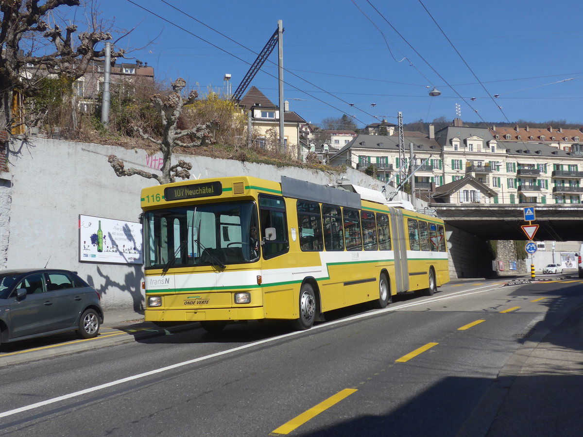 (224'561) - transN, La Chaux-de-Fonds - Nr. 116 - NAW/Hess Gelenktrolleybus (ex TN Neuchtel Nr. 116) am 29. Mrz 2021 in Neuchtel, Avenue de la Gare