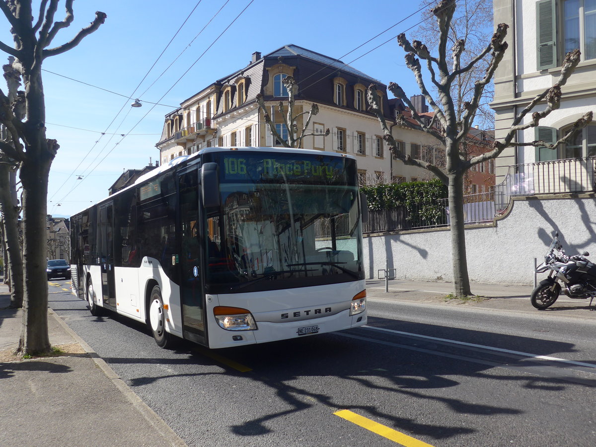 (224'563) - Interbus, Yvedon - Nr. 48/NE 231'048 - Setra (ex Nr. 3; ex SBC Chur Nr. 103; ex SBC Chur Nr. 13) am 29. Mrz 2021 in Neuchtel, Avenue de la Gare (Einsatz CarPostal)