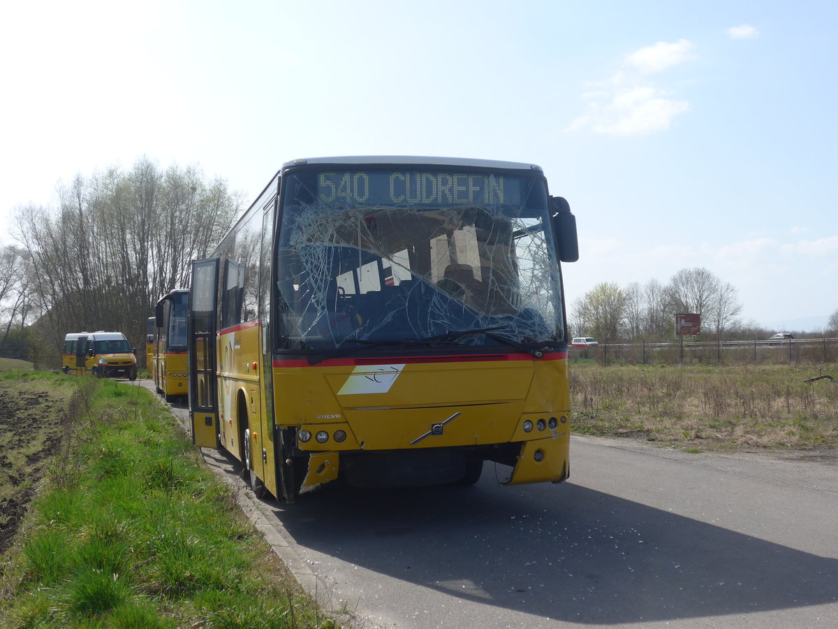 (224'758) - CarPostal Ouest - (VD 128'645) - Volvo (ex Favre, Avenches; ex Rossier, Lussy; ex CarPostal Ouest VD 538'345) am 2. April 2021 in Avenches, Garage