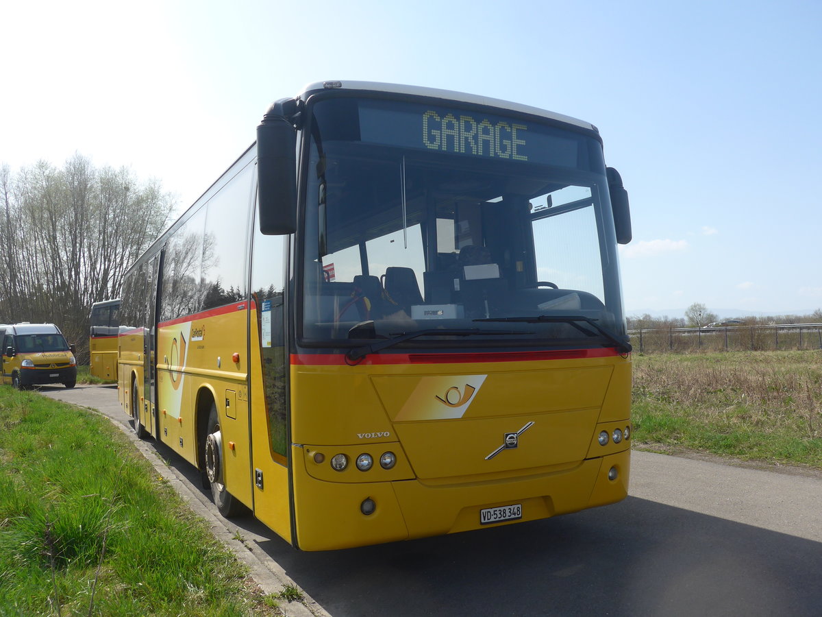 (224'761) - CarPostal Ouest - VD 538'348 - Volvo (ex Rossier, Lussy; ex CarPostal Ouest) am 2. April 2021 in Avenches, Garage
