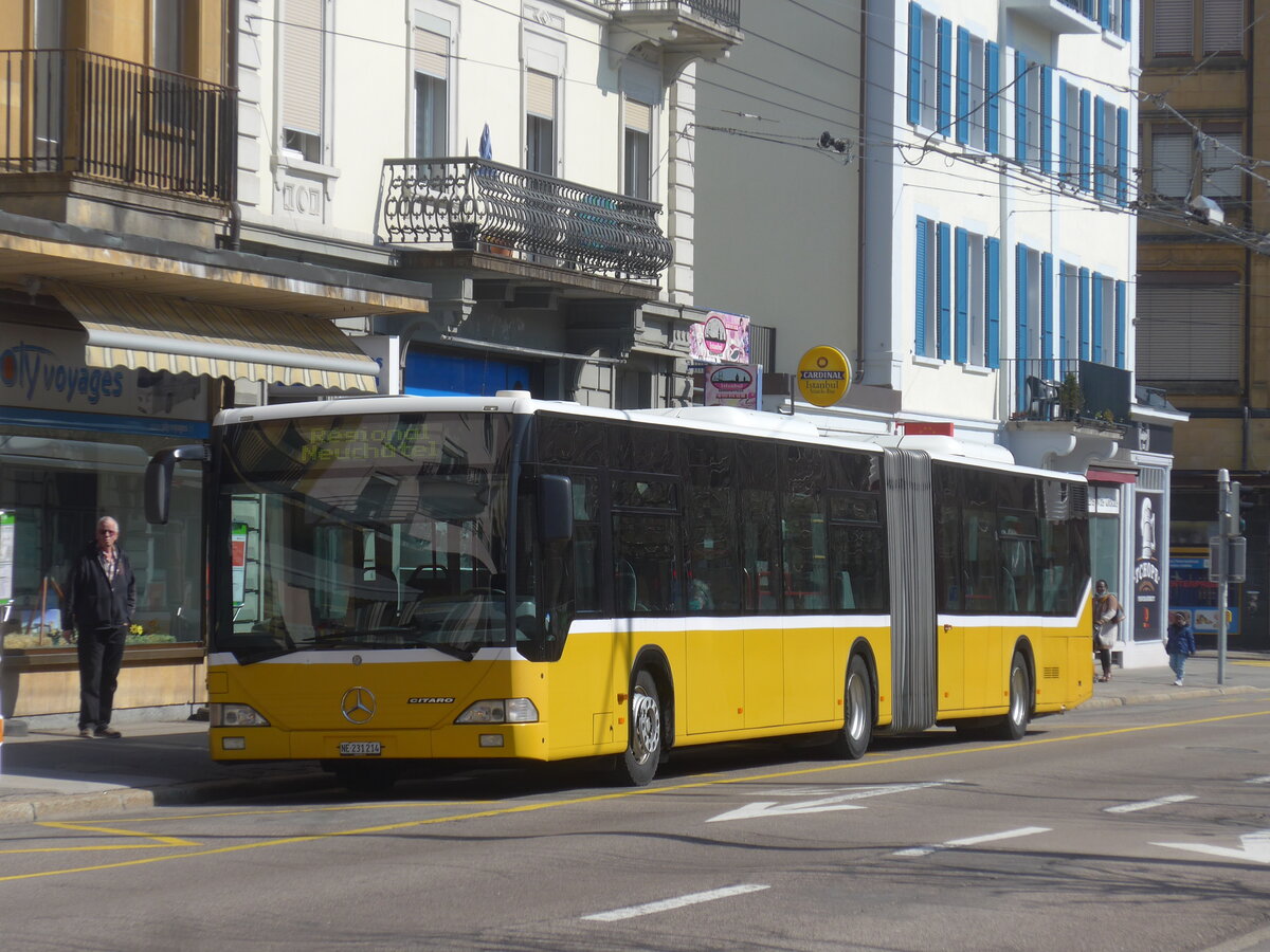 (225'052) - Interbus, Yverdon - Nr. 1214/NE 231'214 - Mercedes (ex BVB Basel Nr. 793; ex ASN Stadel Nr. 183) am 17. April 2021 beim Bahnhof La Chaux-de-Fonds (Einsatz CarPostal)