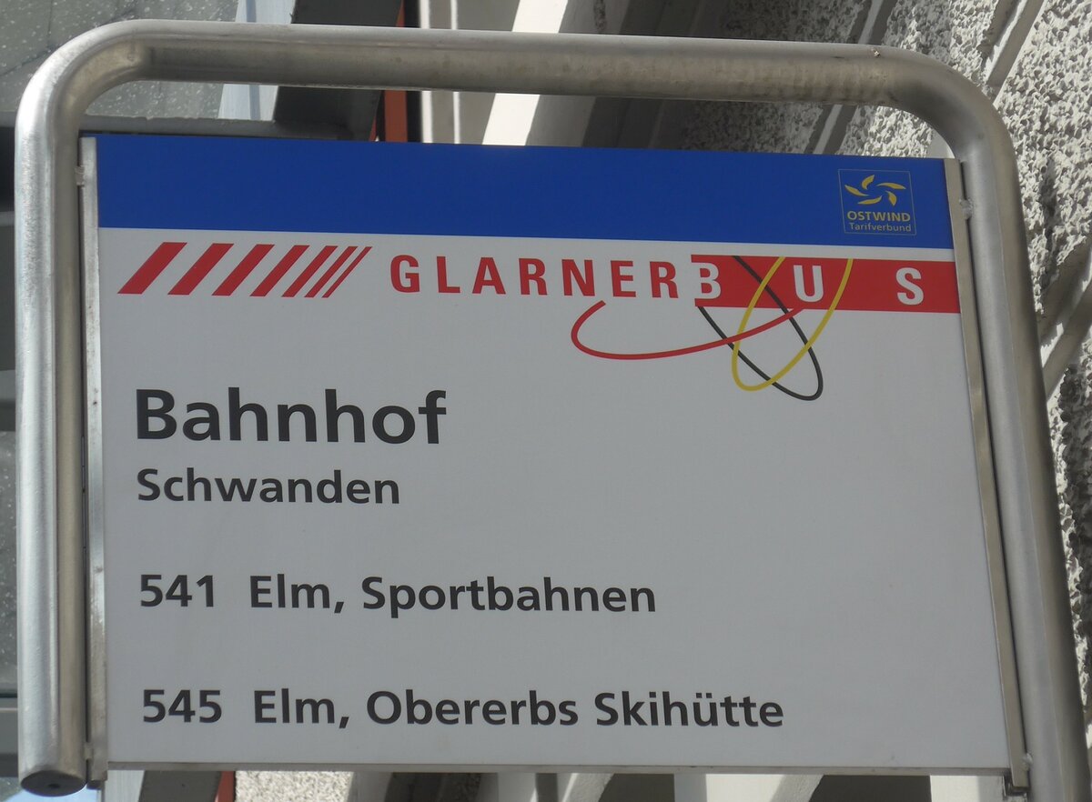 (226'423) - GLARNER BUS-Haltestellenschild - Schwanden, Bahnhof - am 12. Juli 2021