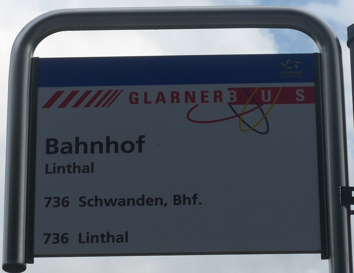 (226'788) - GLARNER BUS-Haltestellenschild - Linthal, Bahnhof - am 25. Juli 2021