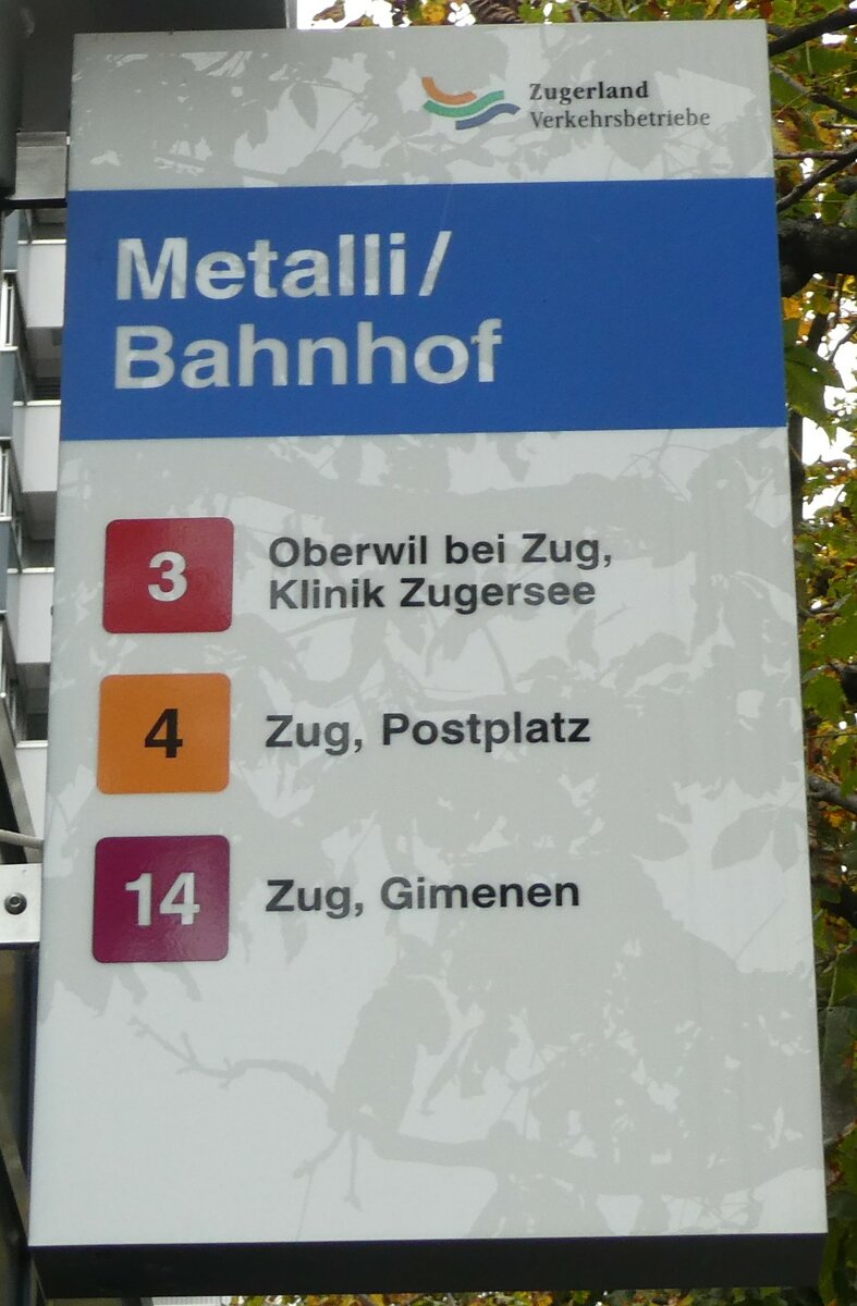 (229'594) - Zugerland Verkehrsbetriebe-Haltestellenschild - Zug, Metalli/Bahnhof - am 22. Oktober 2021