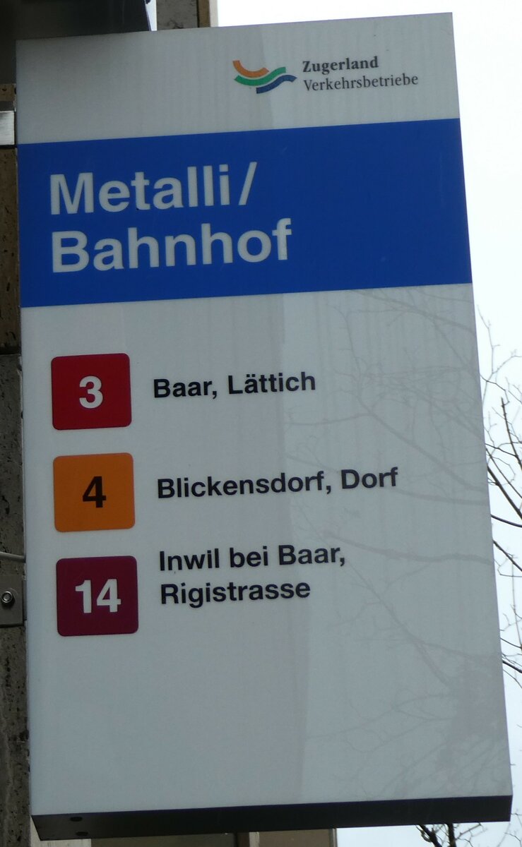 (229'603) - Zugerland Verkehrsbetriebe-Haltestellenschild - Zug, Metalli/Bahnhof - am 22. Oktober 2021